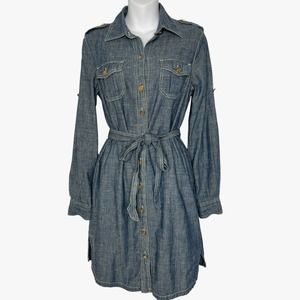 Tory Burch Brigitte Denim Chambray Shirt Dress with Waist Tie Size 6. Runs small